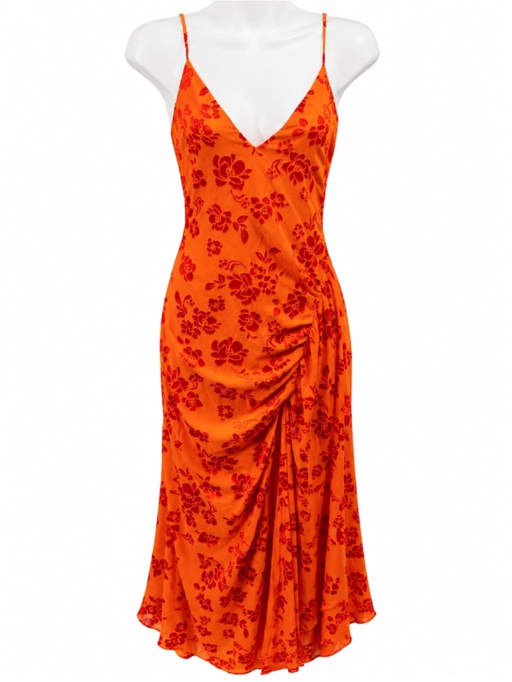 NBD Orange Floral Slip Midi Dress with Red Print